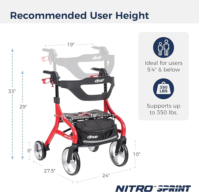 Drive Medical Nitro Sprint Rollator Walker with Seat, Petite Height, Red | Lightweight Rollator with Large Wheels Offers Short, Foldable Design for Seniors and Adults Every Day