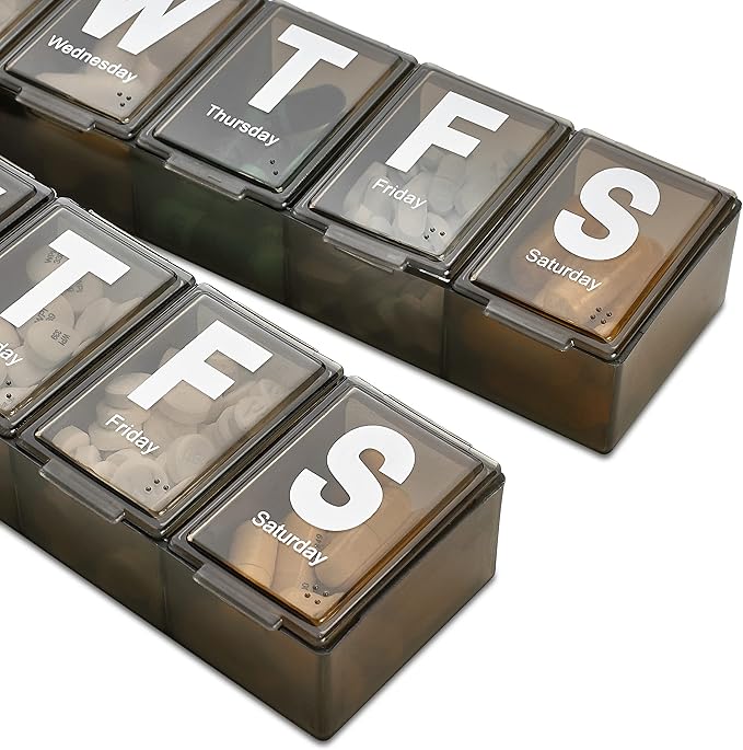 Weekly Pill Organizer - (Pack of 2) Extra Large Vitamin Container with Jumbo Easy to Read Letters, BPA Free - Daily Travel 7 Day Medication Pill Box Case, (Black)