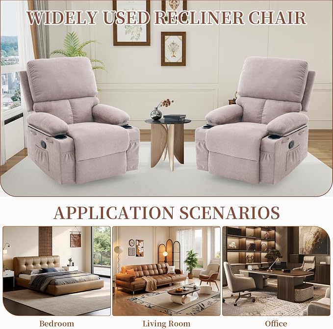 Recliner Chair for Adults, Swivel Rocker Recliner with Massage and Heat, Nursery Glider Recliner, Manual Reclining Chair with Cup Holder and Side Pocket, Rocking Chair for Bedroom, Gray