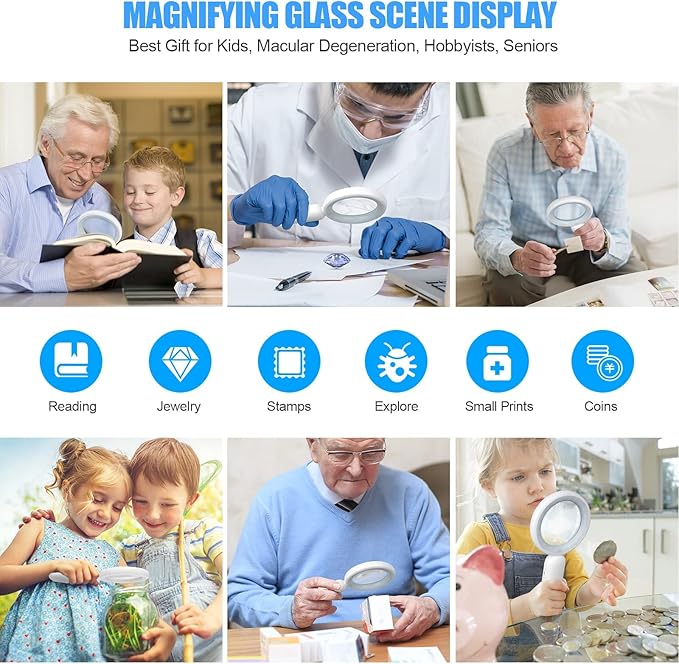Rechargeable Magnifying Glass with Light, 30X 4.7IN Handheld Large Lightweight Lighted Magnify Len 21 LED 3 Modes Illuminated Book Magnifier for Senior,Reading,Inspection,Coin,JewelryChristmasGift