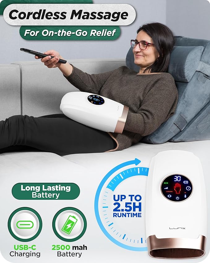 Lunix LX7 FSA Hand Massager with Heat and Compression, Pressure Point Therapy for Arthritis, Pain Relief and Carpal Tunnel, with Hand Warmer, White