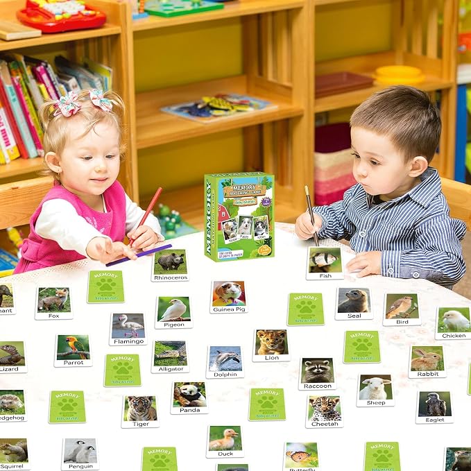 gisgfim 100 PCS Memory Matching Game Animal Babies Concentration Memory Card Educational Game for Kids Adults A Fun & Fast Baby Animals Game Toddlers Preschool Family Board Gift Matching Games