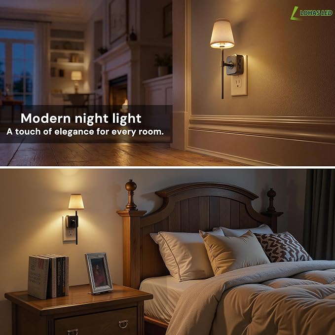 L LOHAS LED Night Light, Premium Fabric Linen Shade Plug in Night Light | Night Lights Plug Into Wall with 0-100 LM Dimmable, 3000K Warm LED Wall Night Light Bedroom, Living Room, Decor