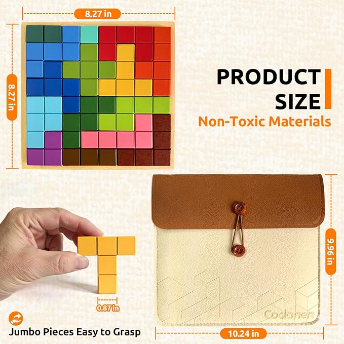 Wooden Tile Matching Game for Seniors, Dementia Activities with 40 Double-Sided Pattern Cards, Large Solid Wood Tiles and Felt Divider Storage Bag