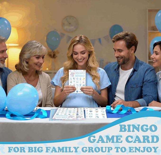 Baby Shower Bingo Game Cards Set for Guests Adults, Blue Elephant Baby Shower Party Bingo Game Gender Reveal Bingo Game for Family Friends Large Group Activity, Favors Supplies Decorations