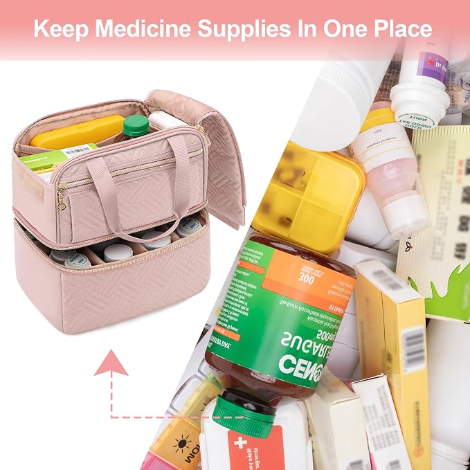 Damero Double Layers Pill Bottle Organizer Empty with 4 Customized Dividers | Lockable Medicine Storage Bag Medication Travel Bag for Prescription Bottles, Medical Supplements, Misty Rose