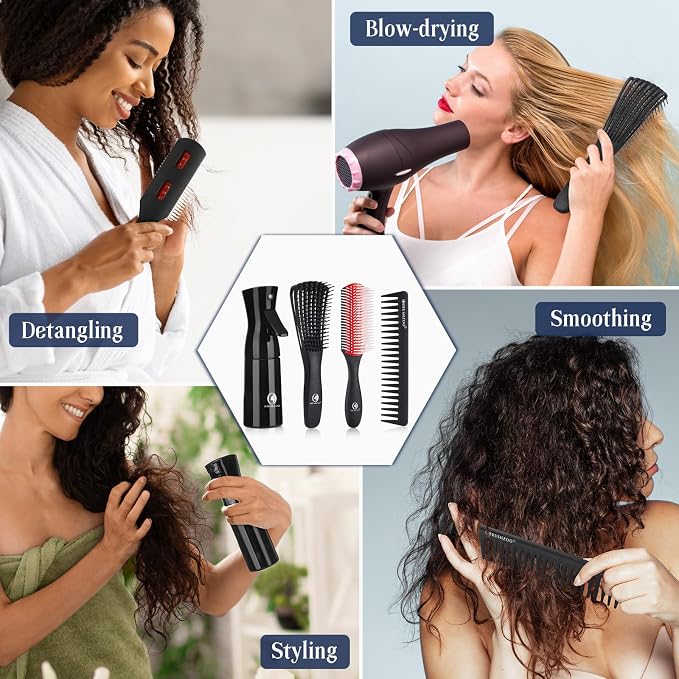 BRUSHZOO Detangler Brush with Hair Spray bottle 9 Row Brush Wide Tooth comb, Hair Brushes for Women Men Kids Curly 3/4abc Hair (Red)