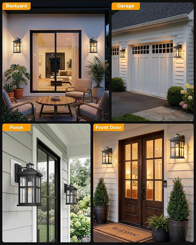 VIANIS Large Motion Sensor Porch Lights Outdoor, Outdoor Wall Lantern | Black Dusk to Dawn Exterior Lighting Fixtures Wall Mount for House, Anti-Rust Waterproof Outdoor Sconce Lights for Garage