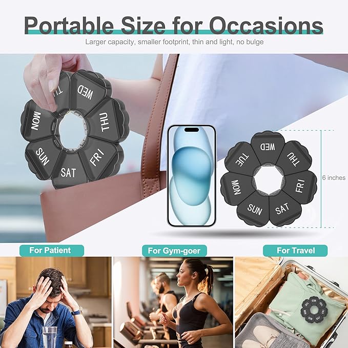 Enlarged Weekly Pill Organizer 7 Day, Daily Pill Box with Never Faded Etched 3D Date Labels, Travel Pill Case with Large Compartment for Medication, Vitamin, Fish Oil, Supplements(Black)