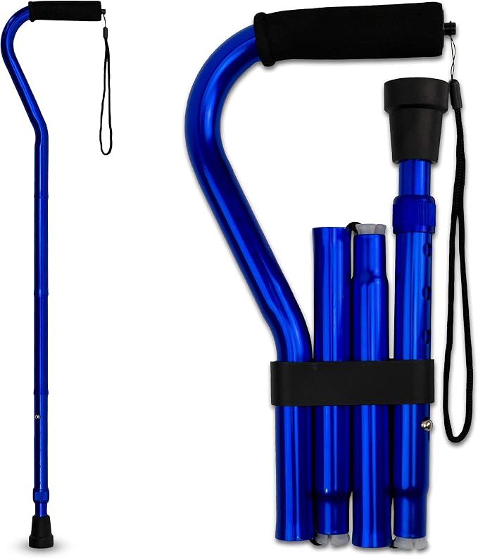 RMS Folding Cane with Offset Foam Handle, Adjustable Walking Stick with Carrying Pouch (Blue)