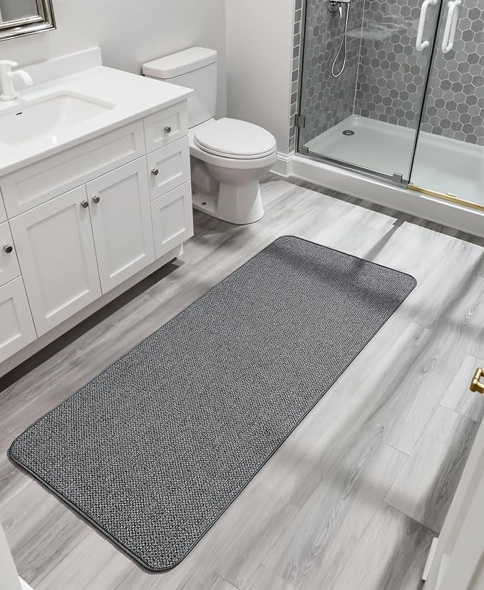Bath Mat,Ultra Thin Bathroom Runner Rugs,Large Bath Mats for Bathroom,Quick Dry,Non-Slip,Machine Washable,Low Pile,Bath Rug,Shower Outside,Sink,Home Decor Accessories.Dark Grey,2'x5'(24x60inch)