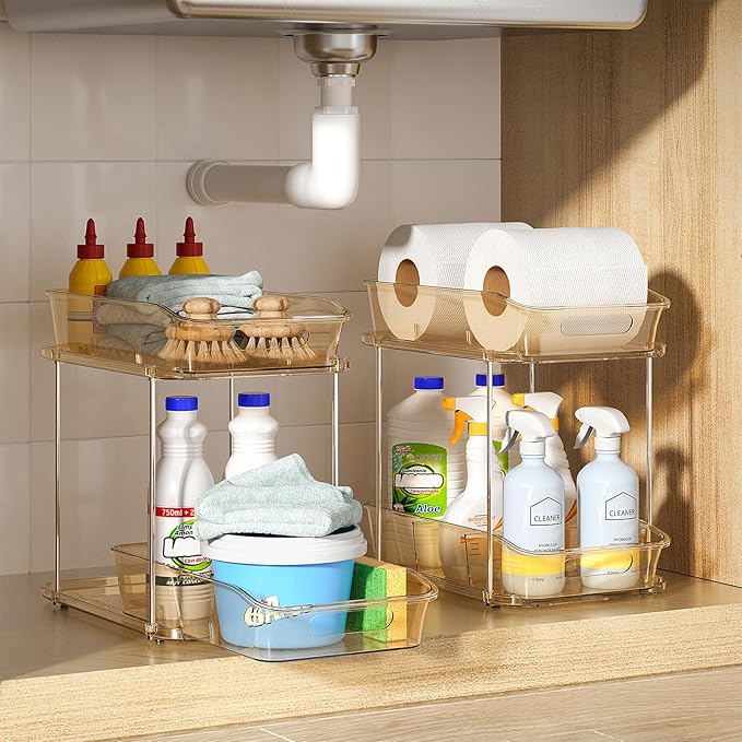 Delamu 2-Tier Under Sink Organizers and Storage, Multi-Purpose Stackable Bathroom Cabinet Organizers, Pull Out Kitchen Pantry Organization and Storage with Dividers Amber, 4 Pack
