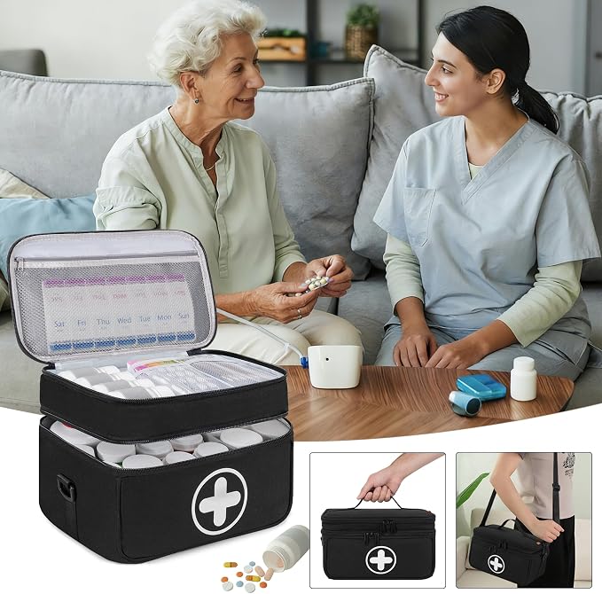 Medicine Storage Bag, 2 Layer Pill Bottle Organizer Storage Bag Empty, Lockable Medical Travel Bag with Adjustable Divider, Suitable for Pills, Vitamins, Fish Oil,Medical Supplies