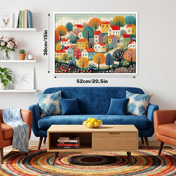 500 Piece Jigsaw Puzzle for Adults & Seniors, Colorful Folk Art Village with Charming Houses & Flowers, Brain Teaser Puzzle Game, Home Decor, Birthday Gift