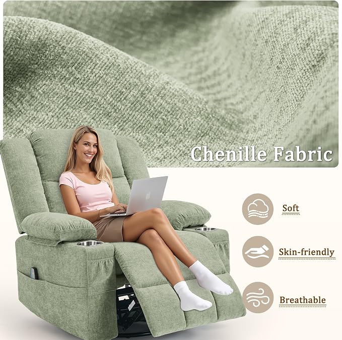 Korser Adult 360° Rotating Recliner with Massage and Heating Functions, Cup Holder and Manual Tilt Mechanism, Suitable for Living Room and Bedroom (Fabric, Turquoise)