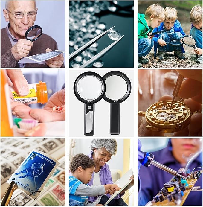 Magnifying Glass with Light, USB Rechargeable 5X 10X 15X Handheld Magnifying Glass Double Lens Magnifier 8 Light for Reading Small Prints, Seniors Reading, Books, Map, Coins