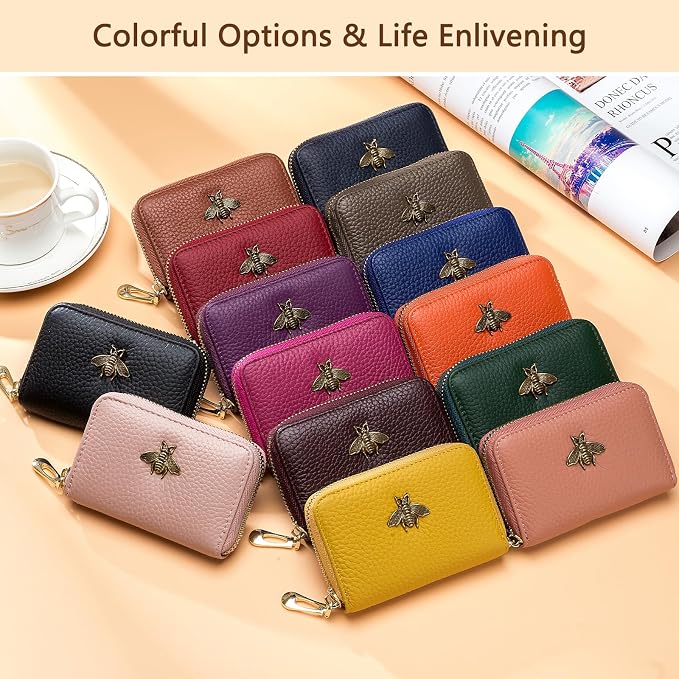 imeetu RFID Credit Card Holder, Small Card Wallet Women, Leather Card Case | Genuine Leather Women's Card & id Cases, Change Coin Purse with Zipper Keychain id Window, 20 Colors & 3 Styles, Daily, Gifts