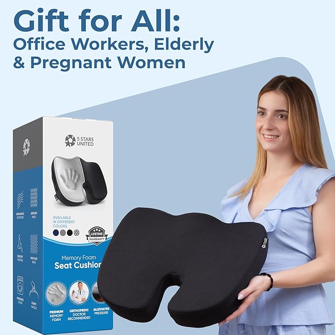 5 STARS UNITED Seat Cushion for Tailbone Pain Relief โ Large Memory Foam Cushion for Coccyx, Hip, Sciatica & Post-Surgery Recovery โ Wheelchair, Car, Desk, Gaming & Office Chairs, Black