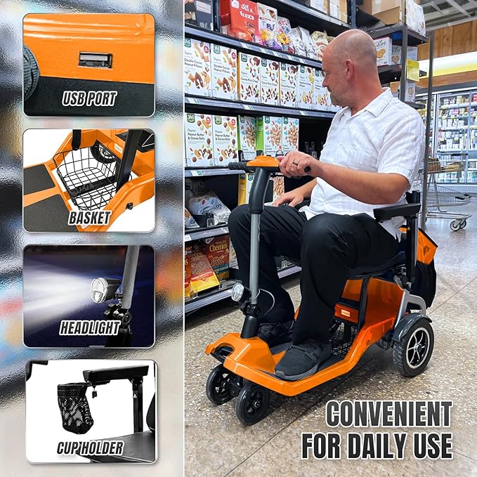R3b-Mobility Scooters for Seniors Adults Ultra Lightweight 37.5 Ibs Electric Powered Folding 4 Wheel Mobility Scooter with Cup Holder, Compact Convenient for Travel Airline Approved, Orange