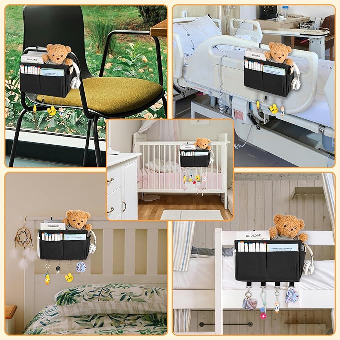 Bedside Caddy Organizer 5 Pockets and 4 Hooks for Bunk Bed Black | Hanging Storage Bag for Headboards