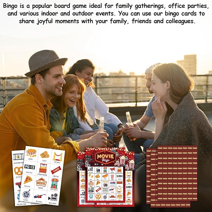 Movie Bingo Game Cards, Cinema Bingo Set for Adults Large Group, Retro Themed Fun Games, Movie Night Party Activities, Icebreaker Games for Family Friends -21