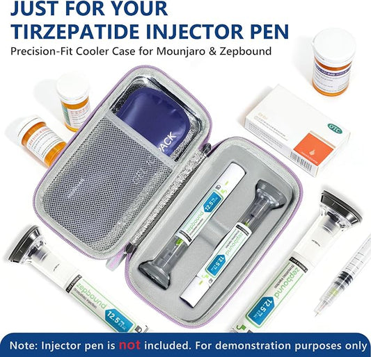 Portable Insulated Cooler Travel Case Fits 2 Zepbound Injector Pens, Tirzepatide Travel Case TSA Approved with 2PCS Reusable Ice Packs, EVA Medicine Organizer for Daily Use (Purple, Big)