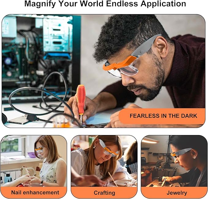 Magnifying Glass with Light Hands Free, Rechargeable Magnifying Glasses Headset with 5 Detachable Lenses Magnifier for Close Work, Reading, Jewelry Making Crafts (Orange & Gray)