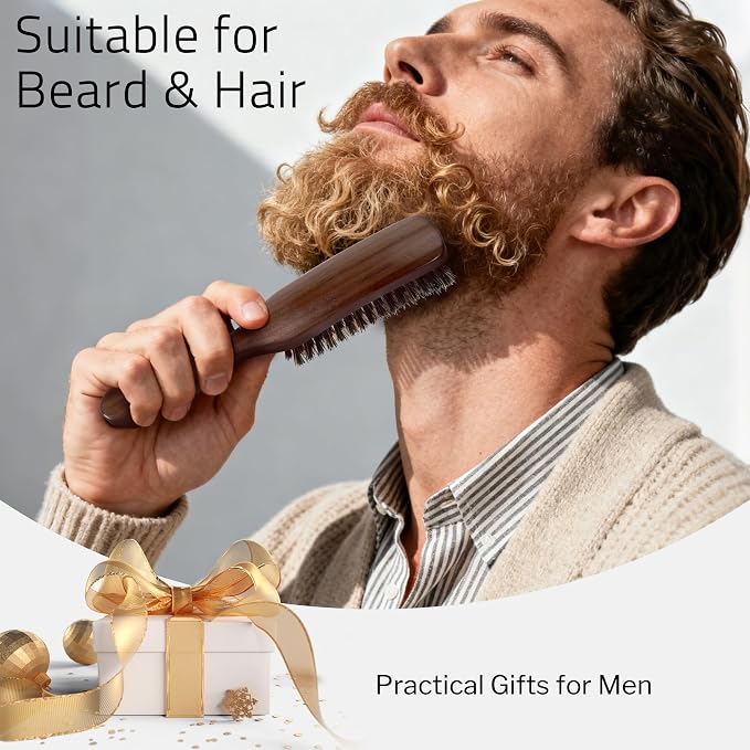 STYLEMATE Mens Boar Bristle Hair Brush Comb Set, Slick Back Mens Hair Brush with Stiff Bristles for Fine Hair, Beard Brush with Natural Black Walnut Wooden Gold Sandalwood Handle