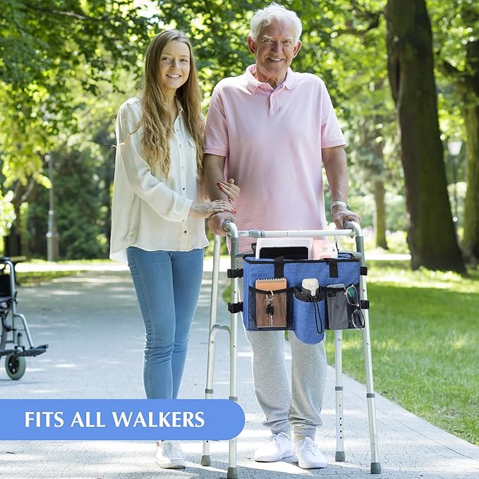 Walker Accessories for Folding Walker with Cup Holder,Pocket, Organizer Carry Storage Pouch Bag Buckle (Blue)