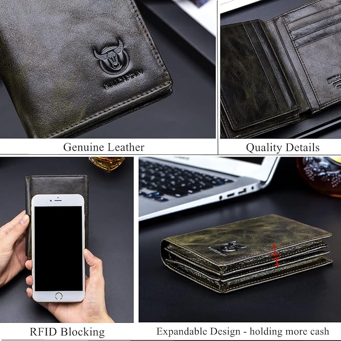 BULLCAPTAIN Large Capacity Genuine Leather Wallet for Men QB-027 | Bifold Wallet,RFID Blocking,Credit Card Holder,15 Card Slots,Special Expandable Design,gift choice