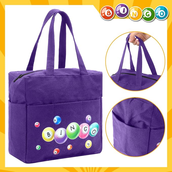 Windyun Bingo Bags Large with 10 Pockets for Daubers Dabbers Dobbers Dotters Zipper Tote Bag Bingo Card Stuff Storage Game Accessories Supplies Gift for Women Adults Seniors Mothers Day(Purple)