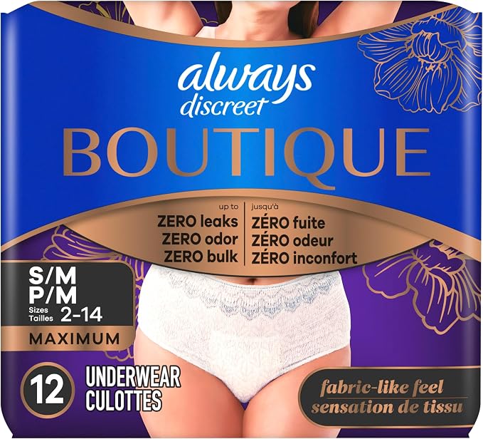 Always Discreet Boutique Incontinence and Postpartum Underwear for Women, Maximum Protection, Small/Medium, Rosy, 12 Count