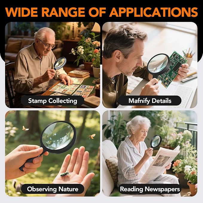 2000mAh Rechargeable Magnifying Glass with Light, 5X/10X Large Handheld Lighted Magnifier, 24 LEDs, 3 Light Modes, Reading Aid for Seniors & Low Vision (Black)