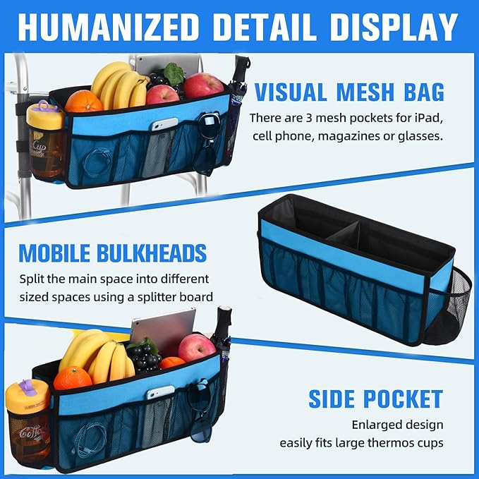 CTWWFS Upgrade Walker Basket with Cup Holder, Foldable Walker Storage Bag for seniors with Big Capacity & Never Tipping Over, Best Gift for Family (Sky Blue)