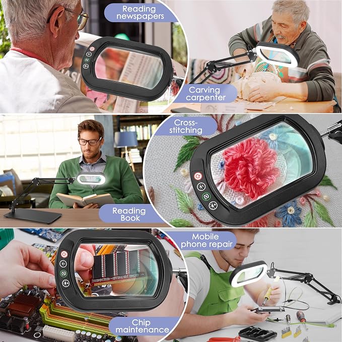 Drdefi 12X Square Magnifying Glass with Light and Stand, Real Glass LED Lighted Magnifier, 5 Color Modes Stepless Dimmable, Hands-Free Mag Desk Lamp with Clamp for Reading Craft Hobby Close Work Black