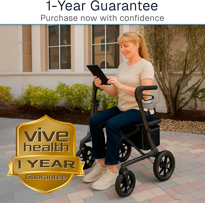 Vive Mobility Carbon Ultralight Rollator Walker - 4 Wheel Lightweight Carbon Fiber Walker for Seniors with Seat - All Terrain, Foldable, Height Adjustable - 300 lbs Weight Capacity, Mobility Aid