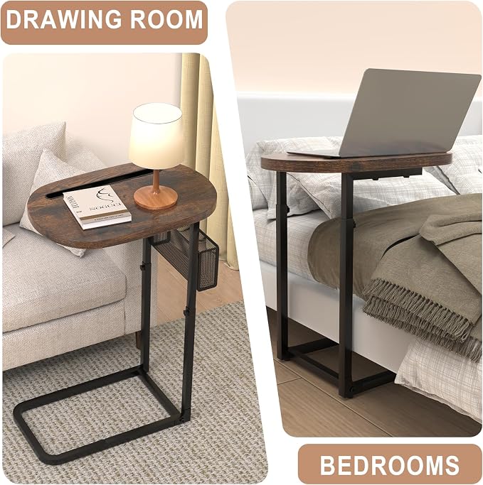 Fashion TV Tray with Large Tabletop, Adjustable Sofa Table with Baskets | Tv Dinner Couch Tray Table With Strong Metal Frame for TV Watching, Meals, Snacks, Oval, Brown,16.93inch x 12.6inch