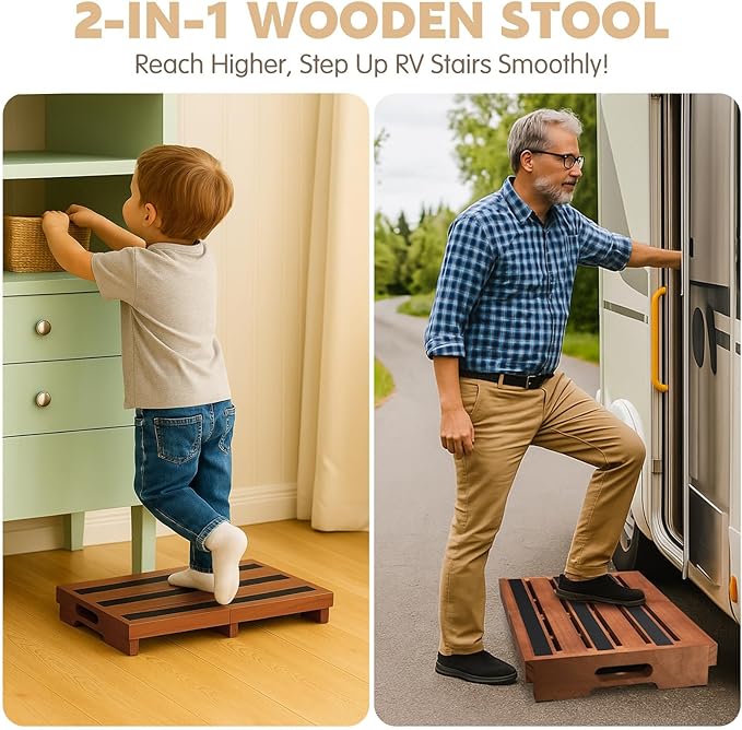 Wooden Step Stool 3 Inch One-Step Non-Slip Outdoor Platform Heavy Duty Portable Half-Step Ideal for Seniors with Knee Issues, Safe Step Stool for Outdoor Bathroom Kitchen Bed (Walnut Color)