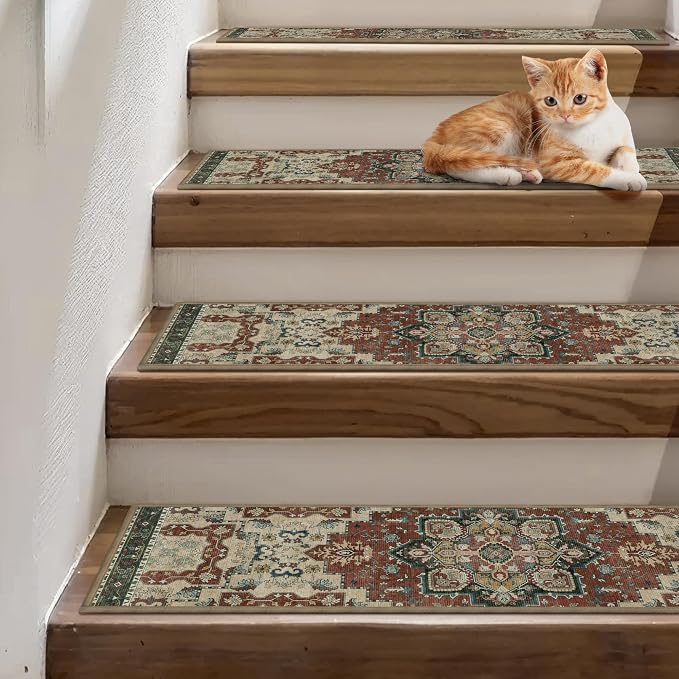 sarben 8"x30" Non Slip Stair Treads for Wooden Steps 15 Pack, Annatto | Peel and Stick Carpet Stair Runner with TPE Adhesive Backing, Carpet for Added Safety, Pet and Senior Friendly