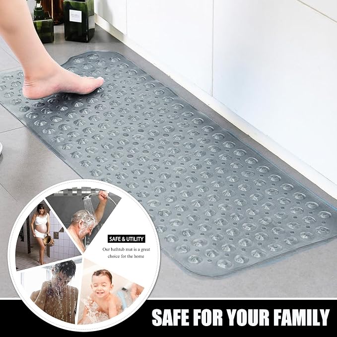 Bathtub and Shower Mats, Extra Long Non-Slip Bath Mat 39 x 16 Inch, Machine Washable Bath Tub Mat with Suction Cups & Drain Holes for Bathroom, Clear Grey