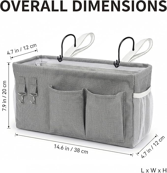 1pc Bedside Caddy Organizer with Hooks, No-Sagging Canvas Hanging Bed Pocket with Water Bottle Holder, Bedside Storage for Dorm Room Essentials, Bunk Bed Accessories, Hospital Bed Rails & Crib (gray)