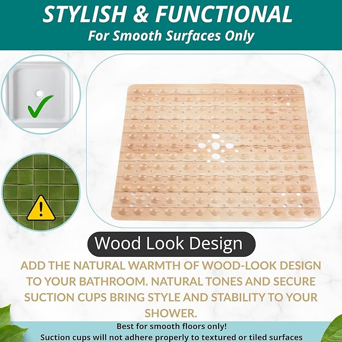 ENKOSI Square Shower Mat 21x21 inch - Anti Slip Bathroom Shower Floor Stall Mat - Non Slip Wood Design Shower Mats with Strong Secure Suction Cups and Drain Holes in Middle (21x21 Wood Teak)