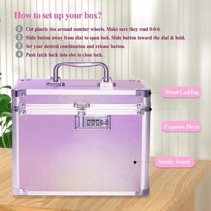 Medication Combination Lock Boxes with Code for Personal Items, Medicine Lockbox for Documents 10 x 7.25 x 7.75 Inches Colorful Aurora