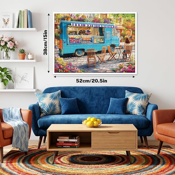 500 Piece Jigsaw Puzzle for Adults, Colorful Coffee Truck on Floral Street | Fresh pastries, vibrant blossoms, cozy sidewalk cafe vibes, family game night, screen-free fun, wall decor and unique gifts