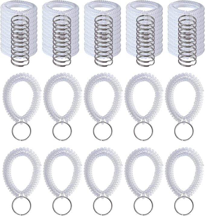 10 Pieces Wrist Coil Keychain Spiral Key Ring, Clear White | Wristband Bracelet Key Holder for Pool Gym ID Badge
