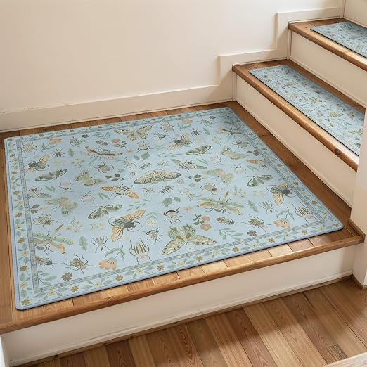 OJIA Stair Treads Non-Slip Landing Mat for Wooden Steps 31"x31" Stair Rugs | Square Capet Stair Treads Rubber Backed Stair Runner Anti-Slip Matching Mat Stair Rugs Carpet for Stairs Blue