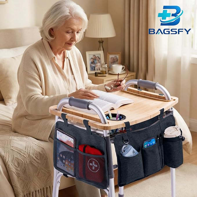 Walker Tray Table with Pockets & Cup Holder for Folding Walkers, Foldable Bamboo Walker Tray for Seniors, Stable Walker Accessories with Raised Edges for Meals, Drinks, Reading &Daily Living