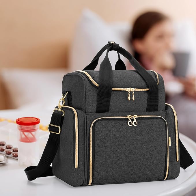 LUXJA Large Medicine Bag with 2 Removable Cases, Black | Medicine Storage Bag with Multiple Pockets, Pill Bottle Organizer with Shoulder Strap, Trolley Sleeve for Travel or Home