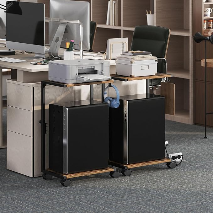 PC Stand with Charging Station, Height Adjustable Computer Tower Stand, 19.7"-31.5" H, Computer Cart with Wheels and Hooks, CPU Holder for Floor, Carpet and Under Desk, Rustic Brown