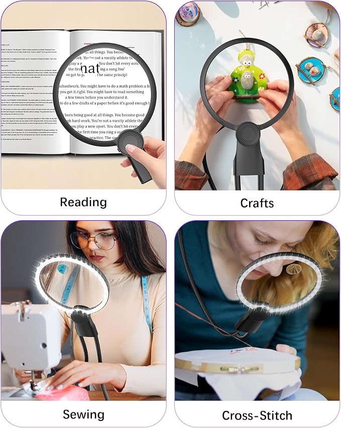 5X 15X Hands Free Magnifying Glass with Light for Reading 3 Color 48 LEDs, Neck Wear Magnifier with Light Hands Free for Reading Books, Crafts, Cross Stitch, Sewing, Close Work, Seniors, Low Vision